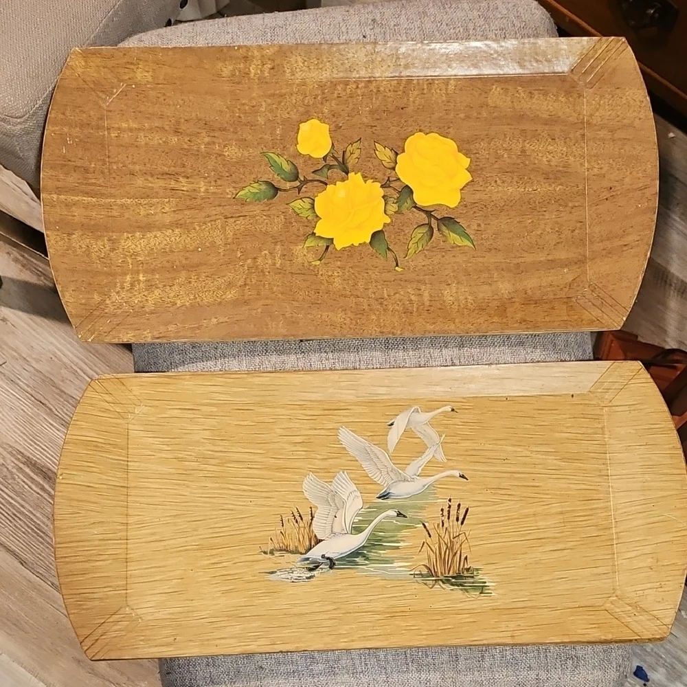 Elegant Vintage Serving Trays with Floral and Swan Designs